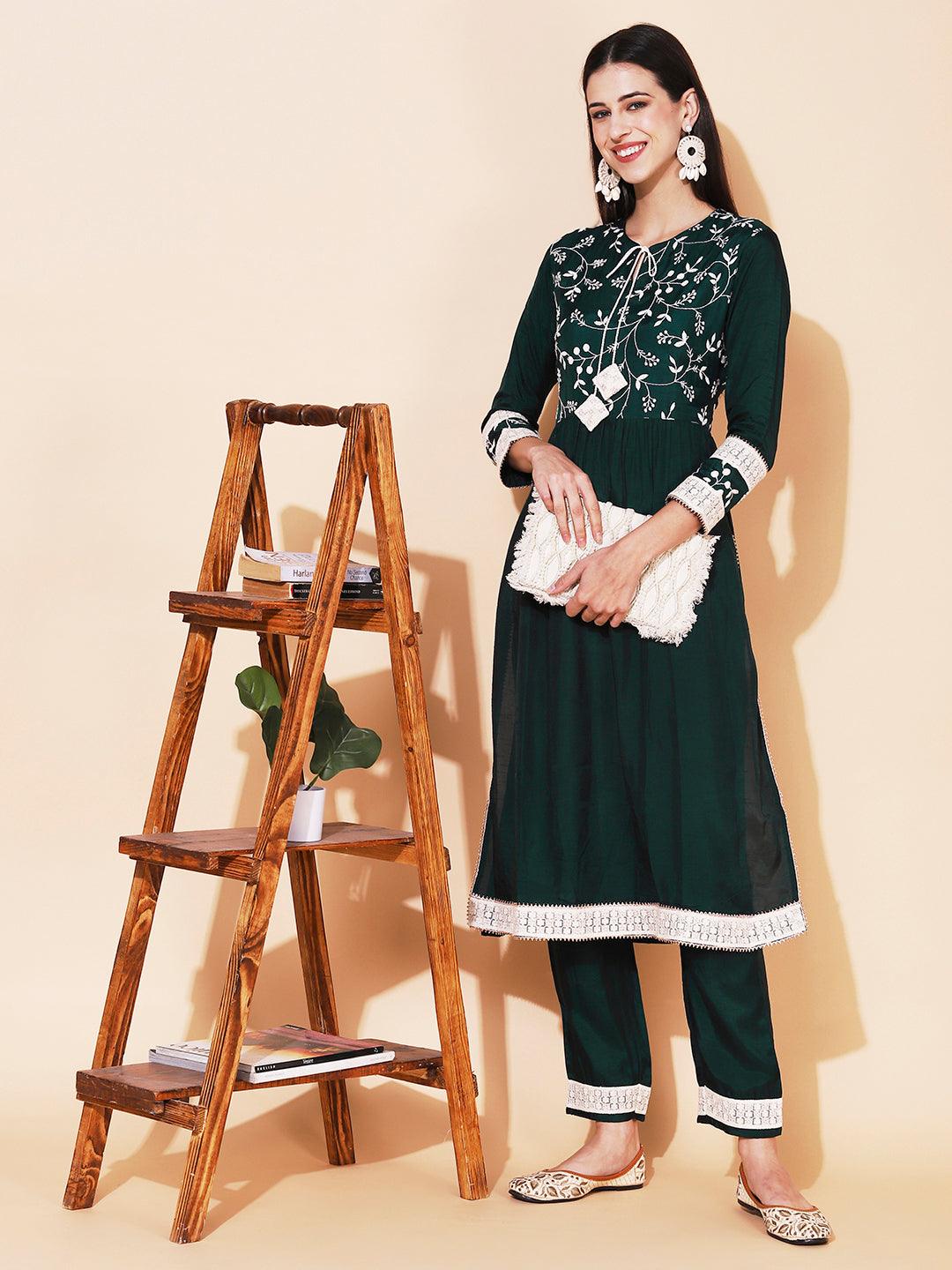 Solid Resham Embroidered Empire Kurta With Pants - Green - Indiakreations