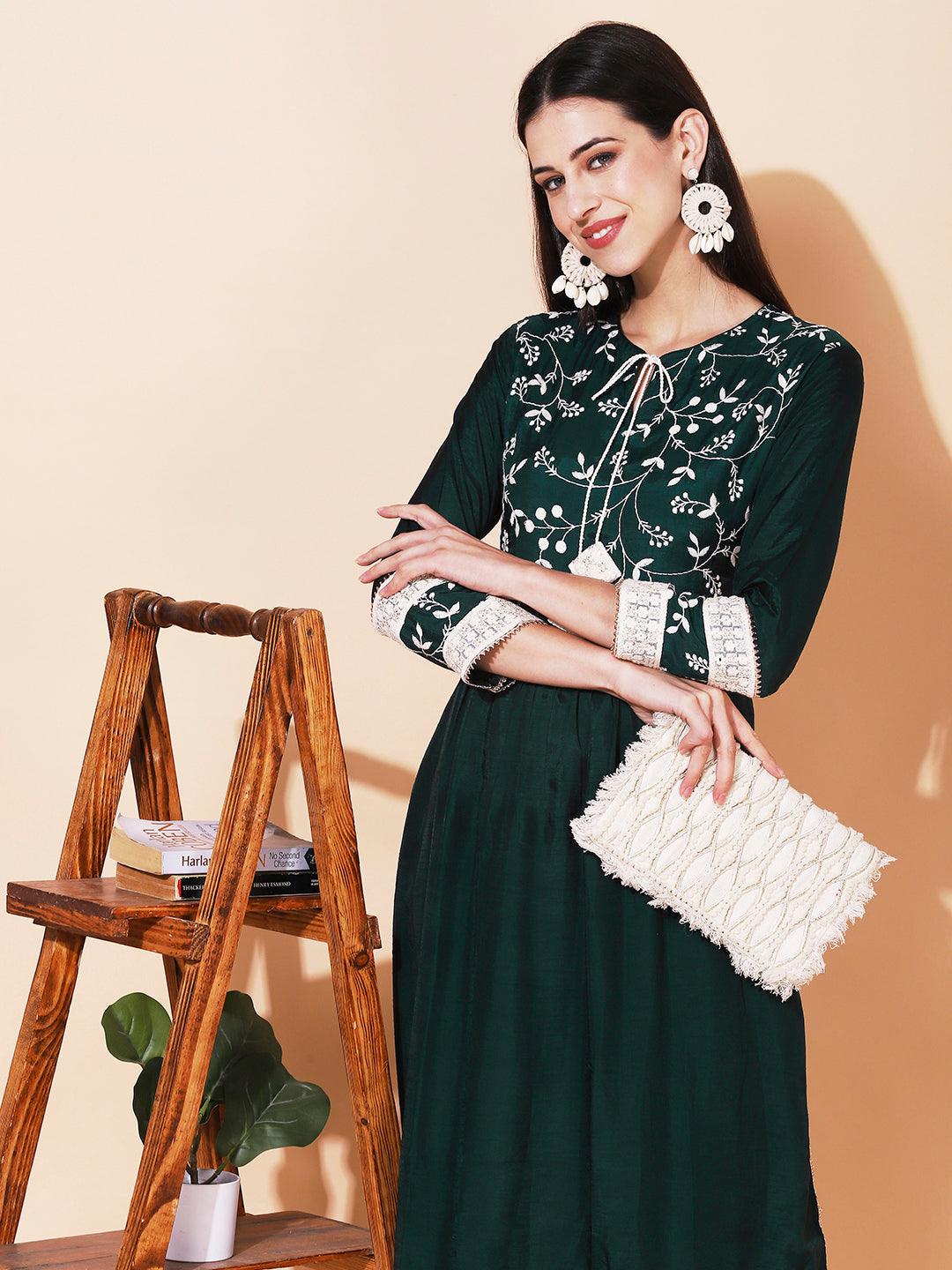 Solid Resham Embroidered Empire Kurta With Pants - Green - Indiakreations