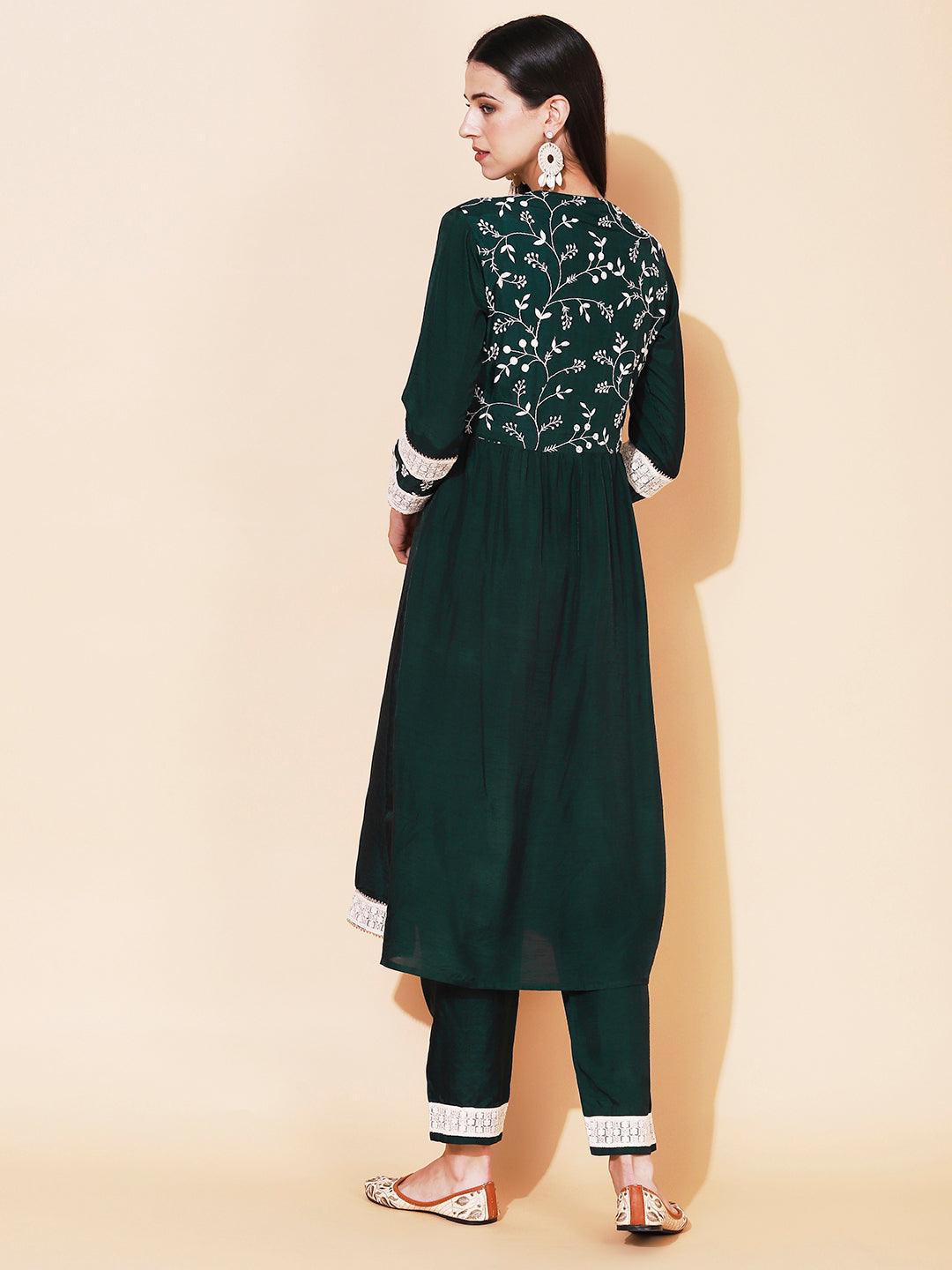 Solid Resham Embroidered Empire Kurta With Pants - Green - Indiakreations