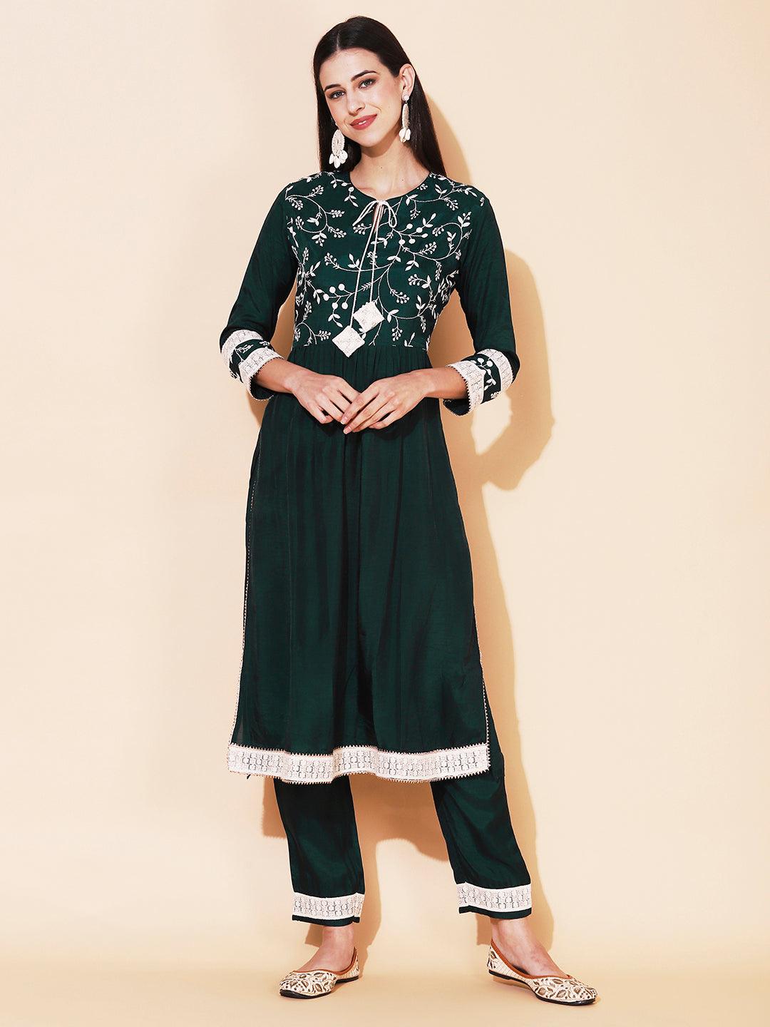 Solid Resham Embroidered Empire Kurta With Pants - Green - Indiakreations