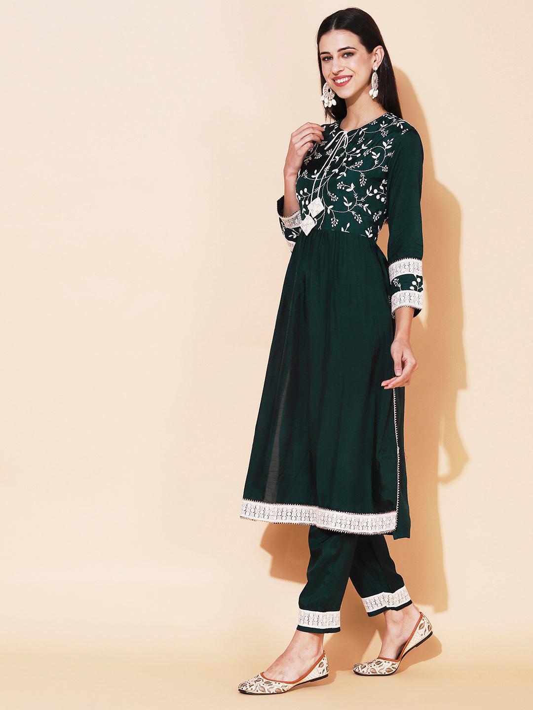 Solid Resham Embroidered Empire Kurta With Pants - Green - Indiakreations