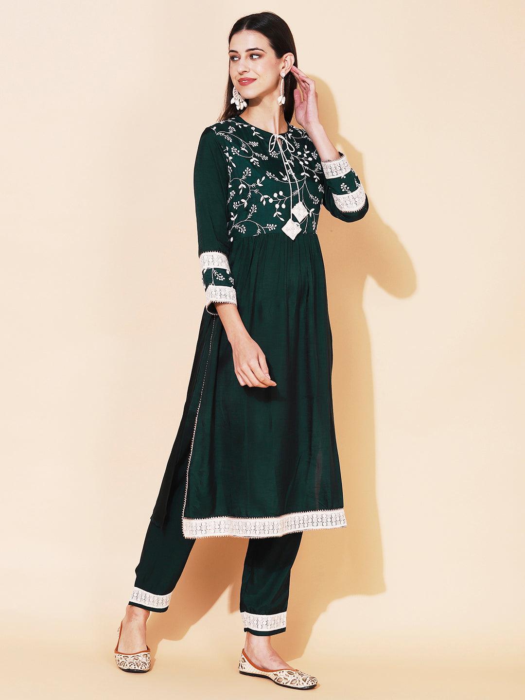 Solid Resham Embroidered Empire Kurta With Pants - Green - Indiakreations