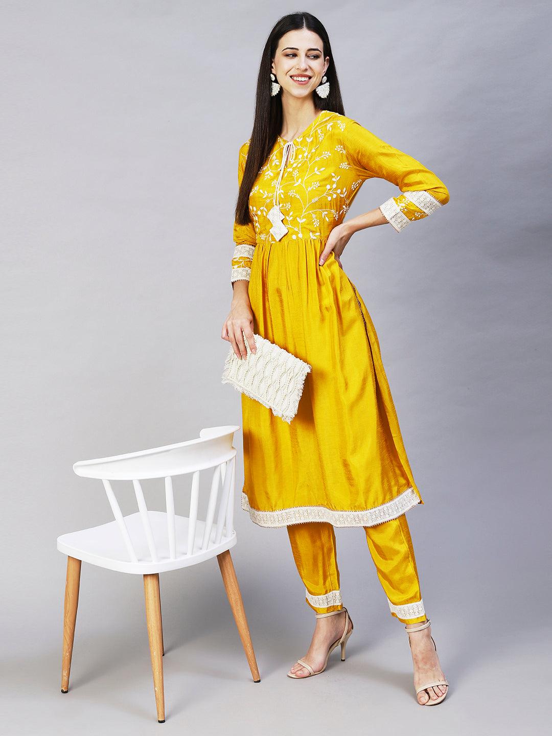 Solid Resham Embroidered Empire Kurta With Pants - Yellow - Indiakreations