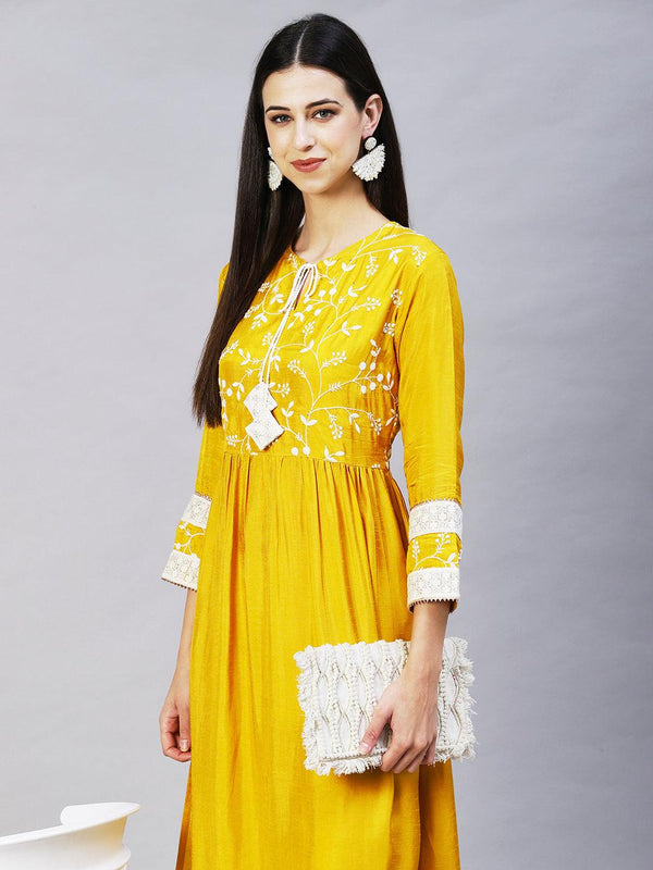 Solid Resham Embroidered Empire Kurta With Pants - Yellow - Indiakreations