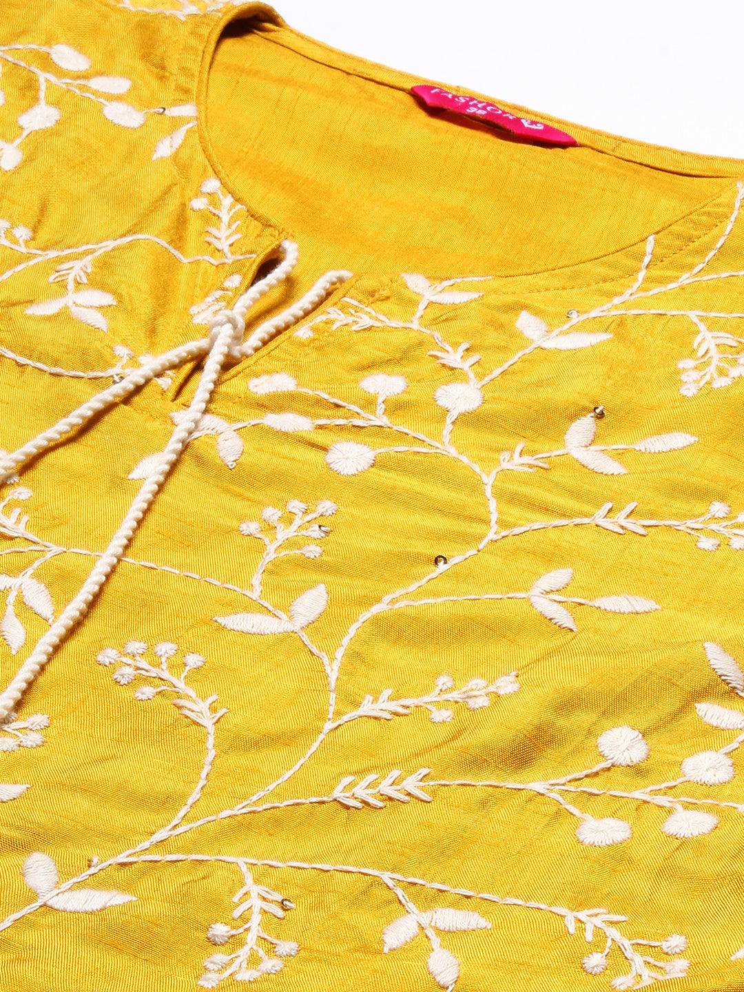 Solid Resham Embroidered Empire Kurta With Pants - Yellow - Indiakreations