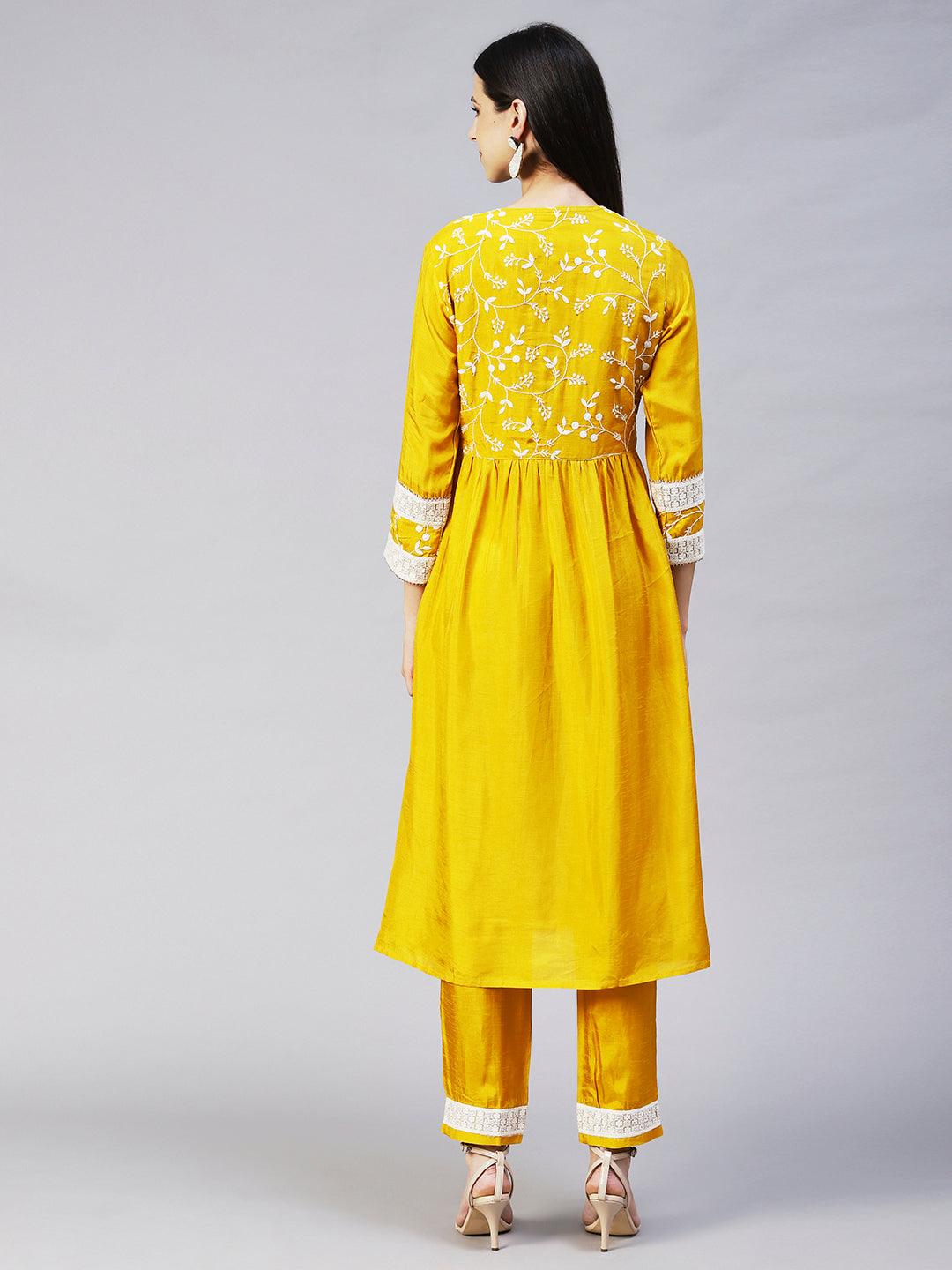 Solid Resham Embroidered Empire Kurta With Pants - Yellow - Indiakreations