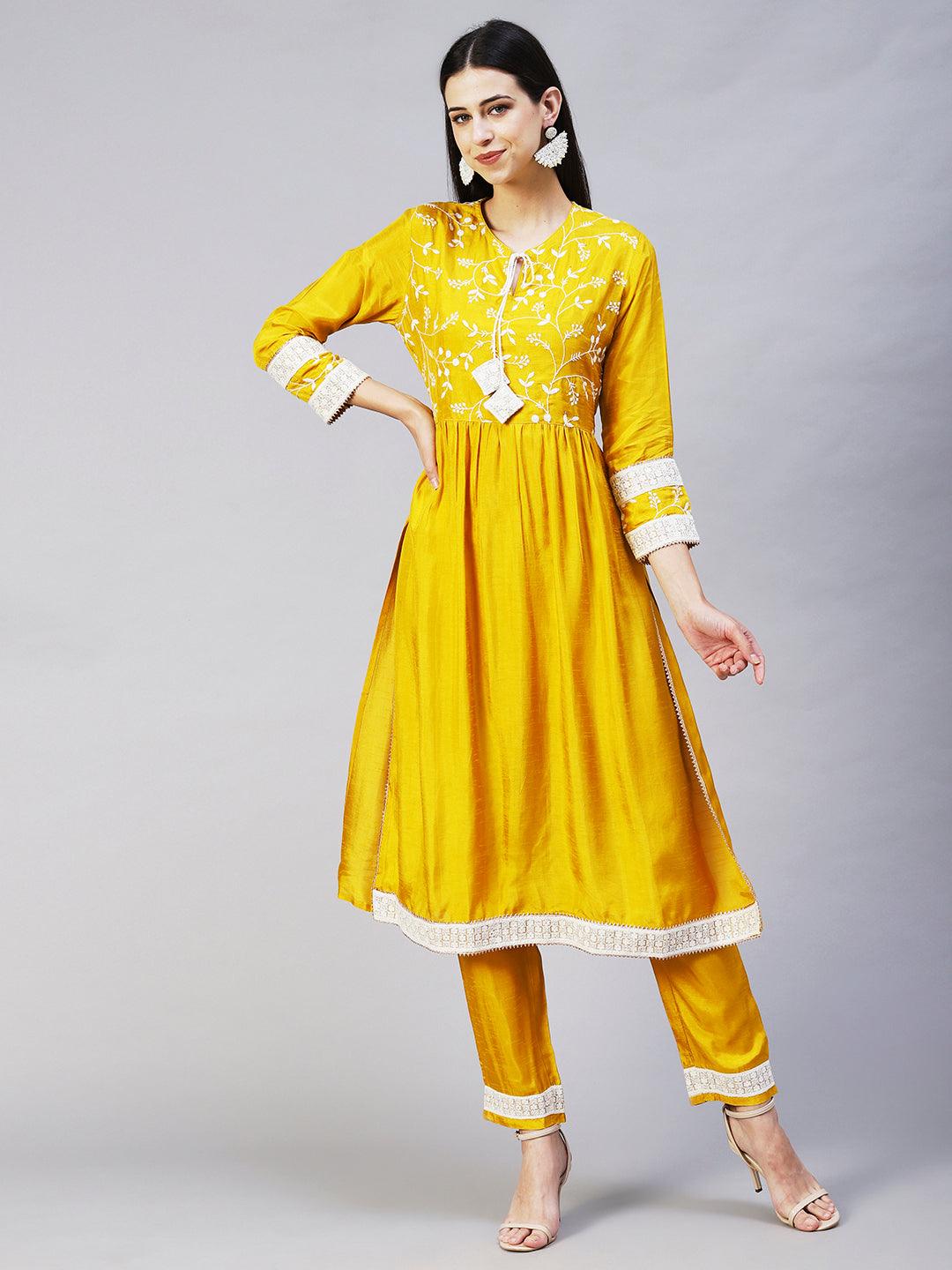 Solid Resham Embroidered Empire Kurta With Pants - Yellow - Indiakreations