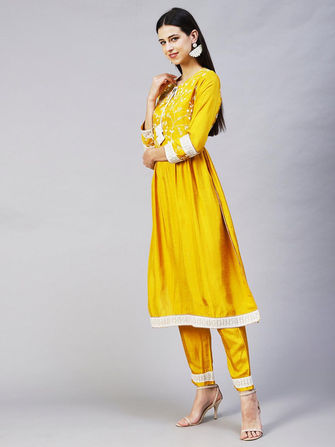 Solid Resham Embroidered Empire Kurta With Pants - Yellow - Indiakreations