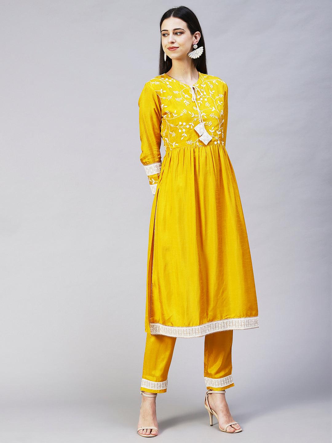 Solid Resham Embroidered Empire Kurta With Pants - Yellow - Indiakreations