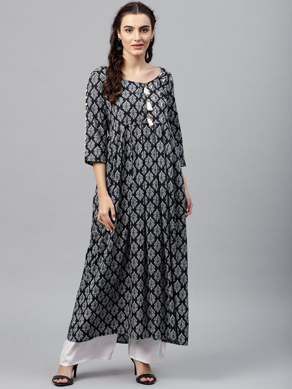 Round neck Black & white printed maxi dress with 3/4 sleeves and Emblished with tassels | NOZ2TOZ - Made In INDIA.