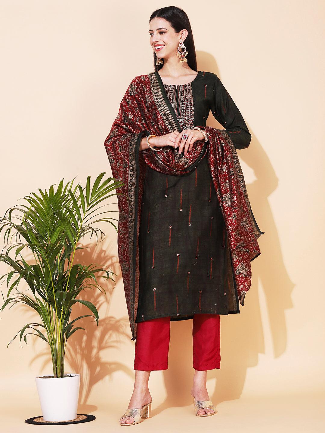 Ethnic Printed & Embroidered Straight Fit Kurta & Dupatta - Green - Indiakreations