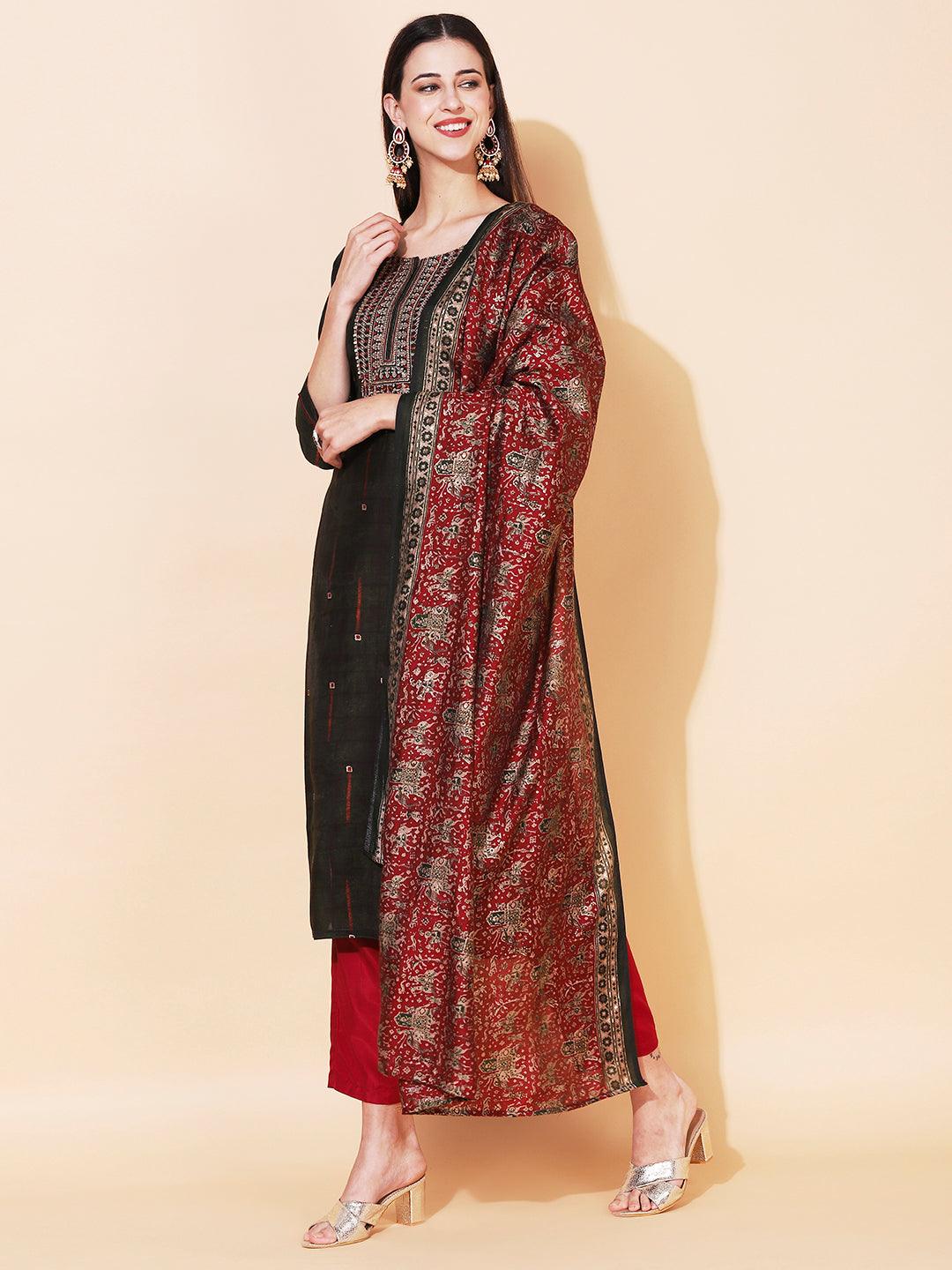 Ethnic Printed & Embroidered Straight Fit Kurta & Dupatta - Green - Indiakreations