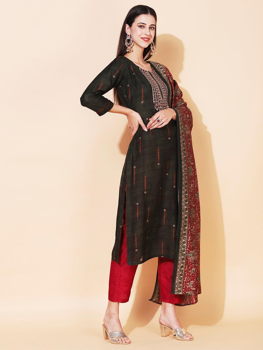 Ethnic Printed & Embroidered Straight Fit Kurta & Dupatta - Green - Indiakreations