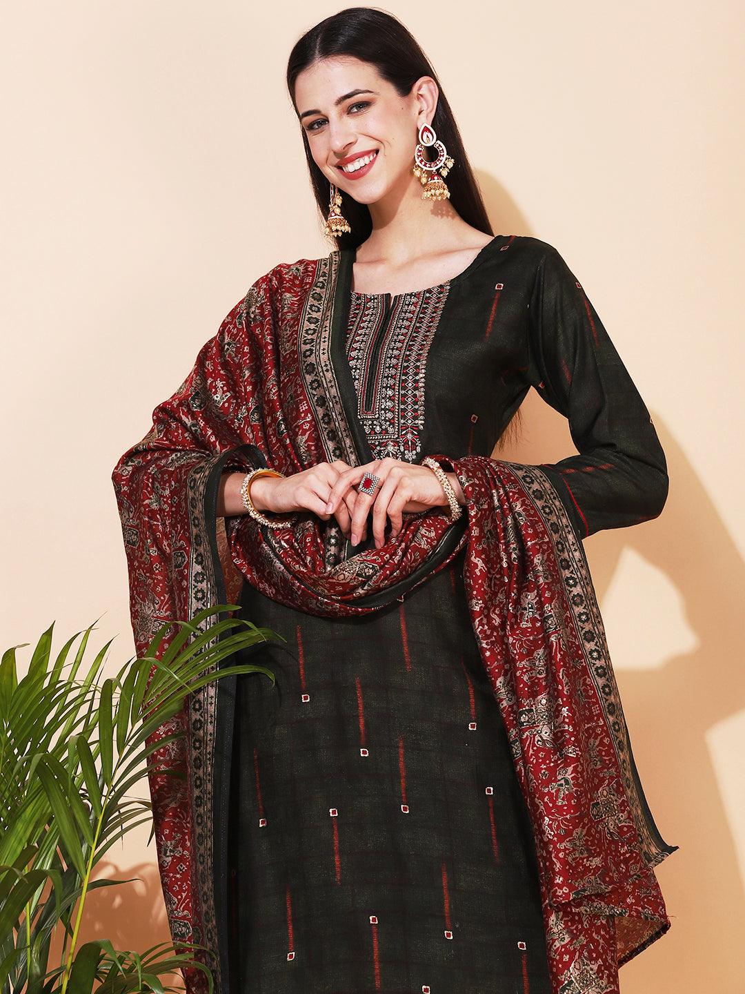 Ethnic Printed & Embroidered Straight Fit Kurta & Dupatta - Green - Indiakreations