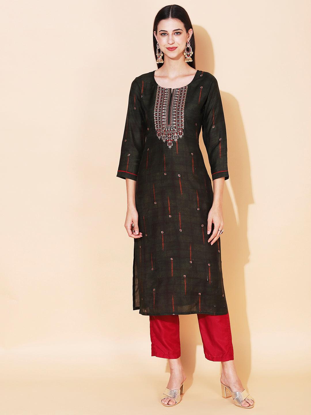 Ethnic Printed & Embroidered Straight Fit Kurta & Dupatta - Green - Indiakreations