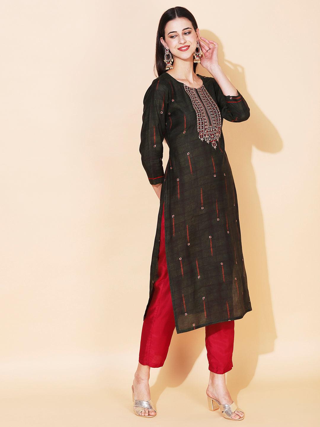 Ethnic Printed & Embroidered Straight Fit Kurta & Dupatta - Green - Indiakreations