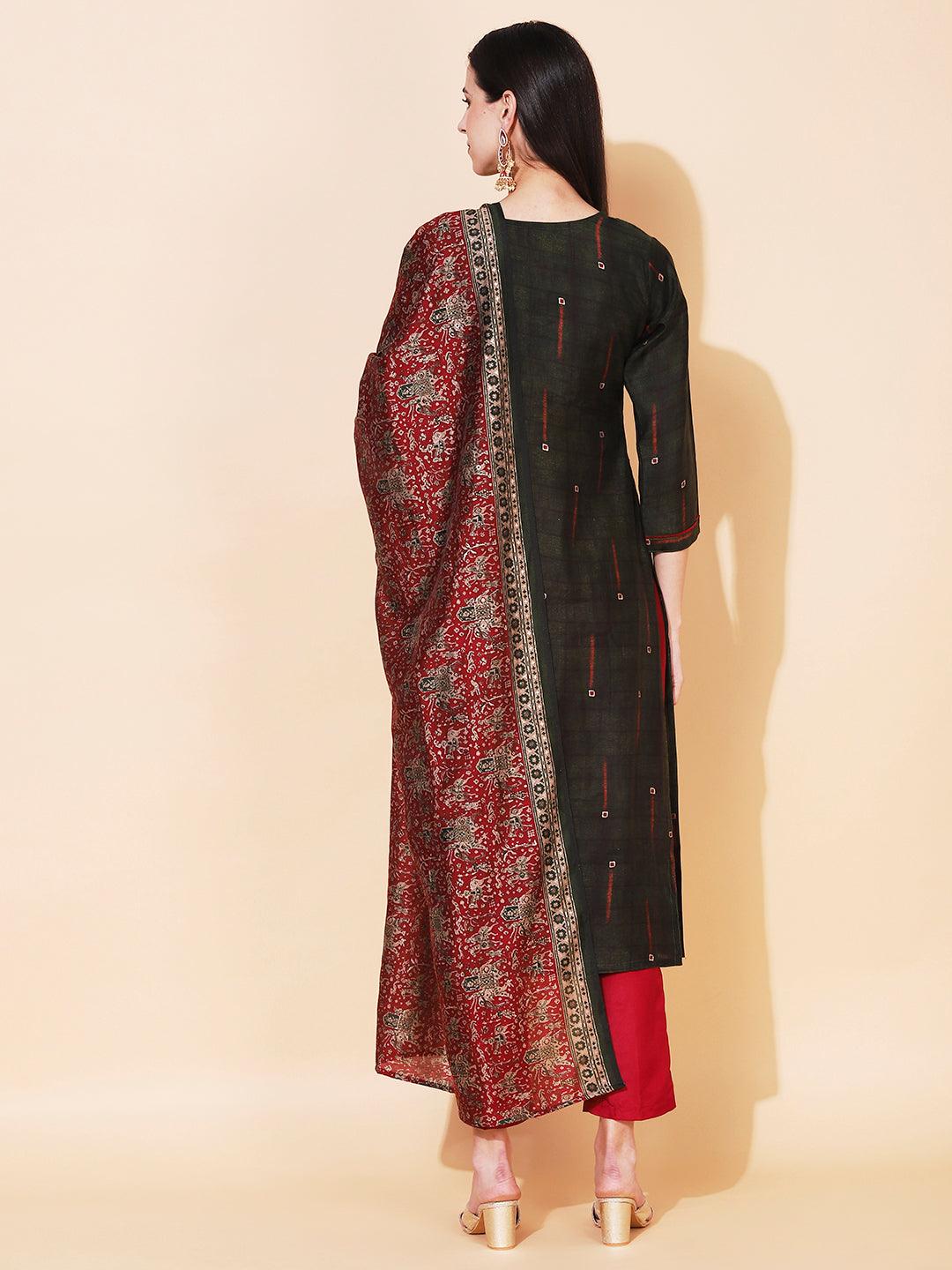 Ethnic Printed & Embroidered Straight Fit Kurta & Dupatta - Green - Indiakreations