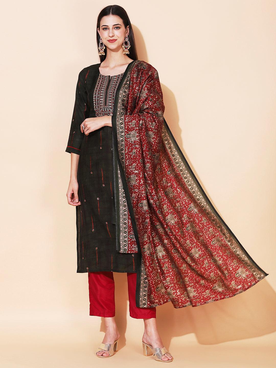 Ethnic Printed & Embroidered Straight Fit Kurta & Dupatta - Green - Indiakreations