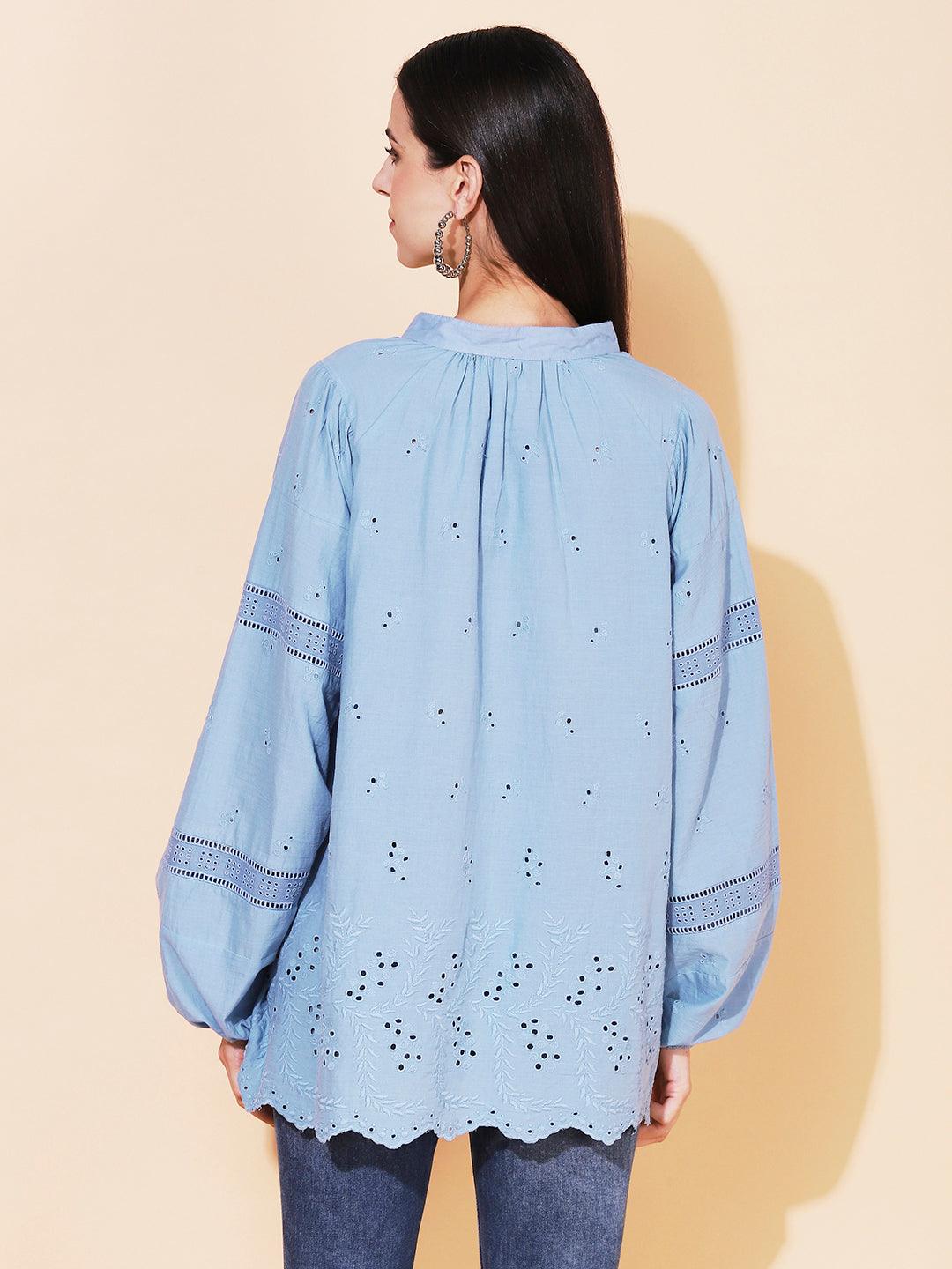 Ethnic Cutwork Embroidered A-Line Kurti – Light Blue - Indiakreations