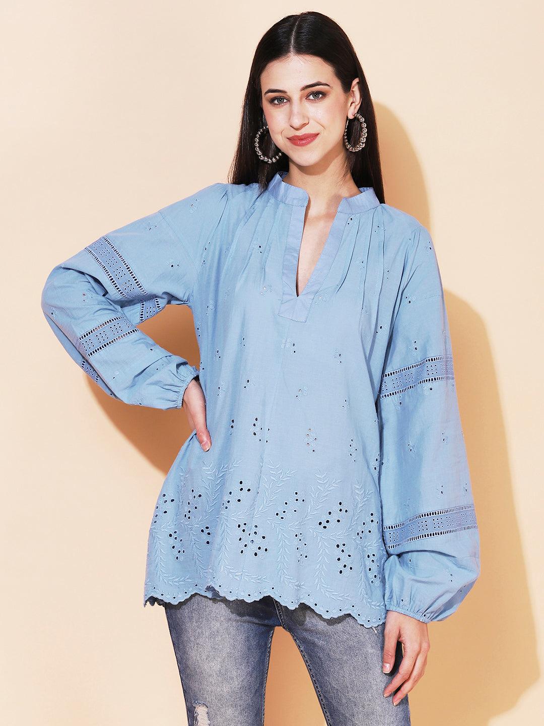 Ethnic Cutwork Embroidered A-Line Kurti – Light Blue - Indiakreations