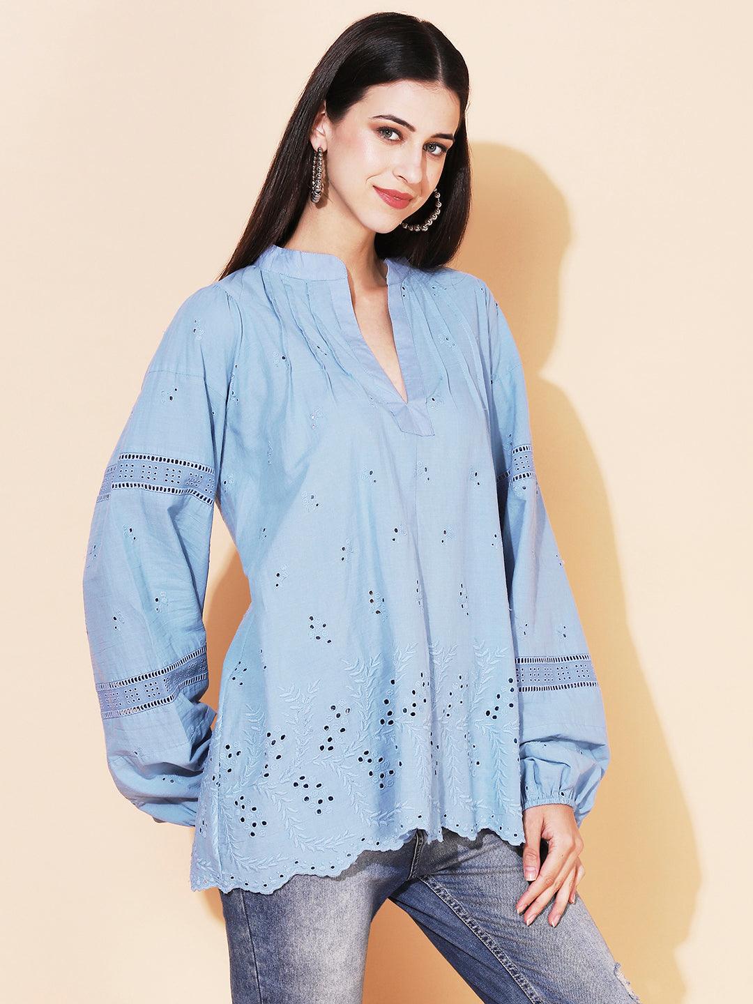 Ethnic Cutwork Embroidered A-Line Kurti – Light Blue - Indiakreations