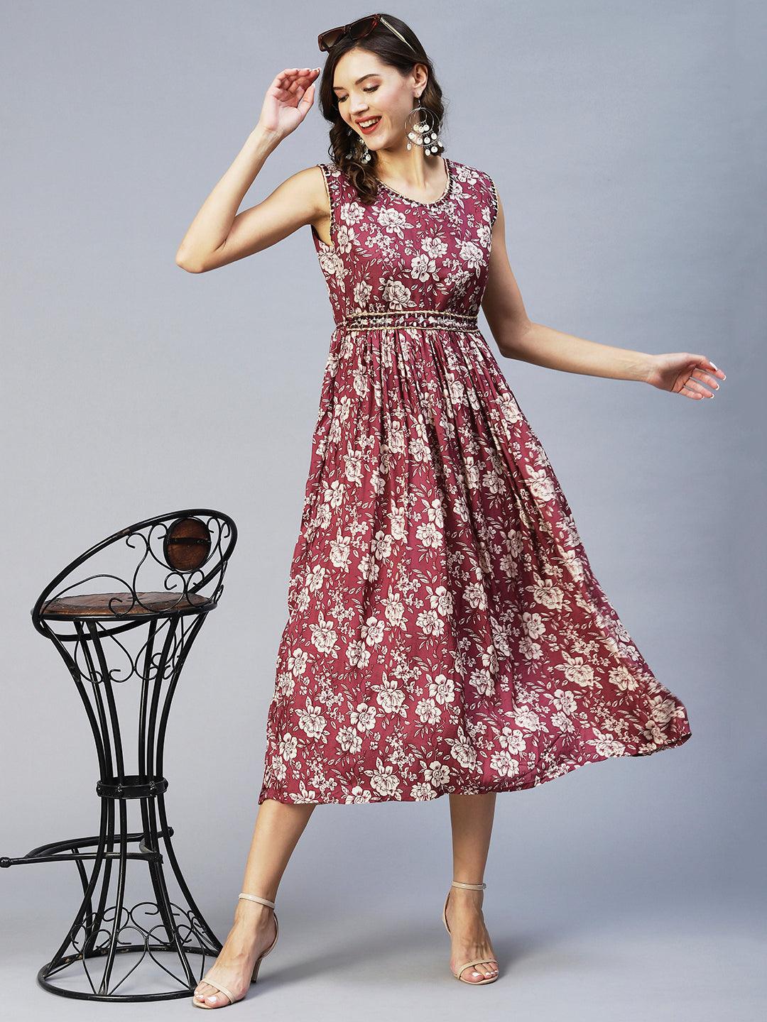 Floral Printed & Embroidered Flared Midi Dress - Mauve - Indiakreations