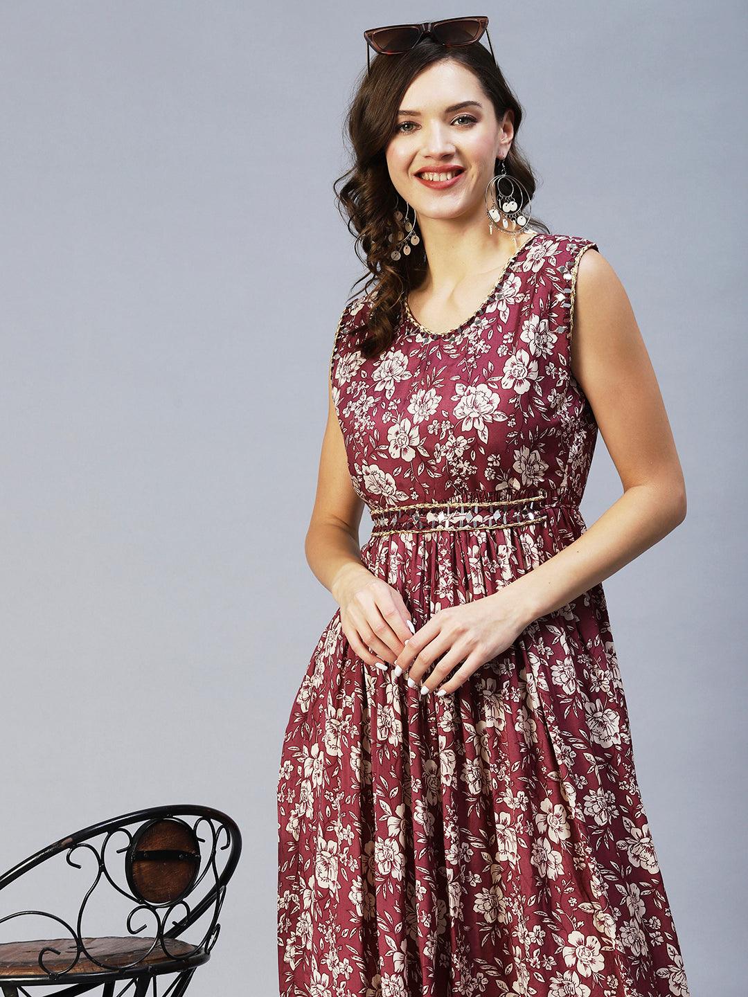 Floral Printed & Embroidered Flared Midi Dress - Mauve - Indiakreations