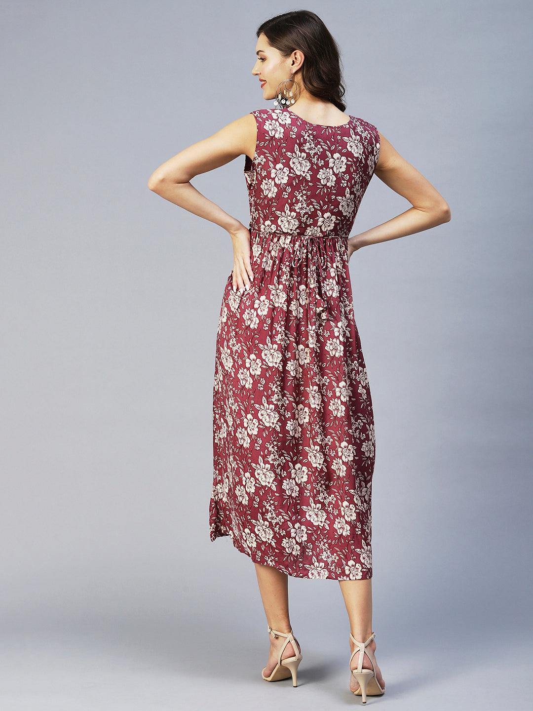 Floral Printed & Embroidered Flared Midi Dress - Mauve - Indiakreations