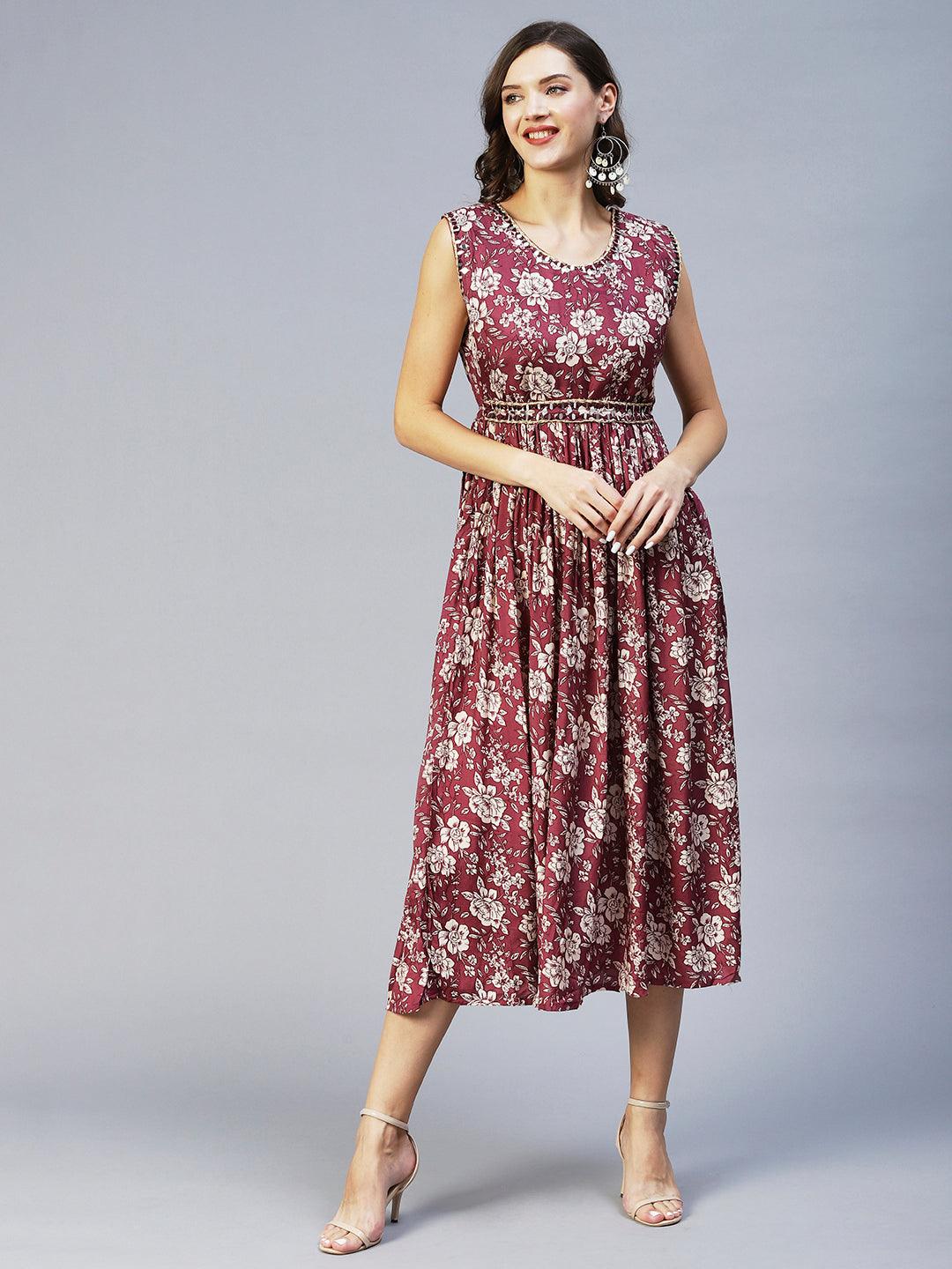 Floral Printed & Embroidered Flared Midi Dress - Mauve - Indiakreations