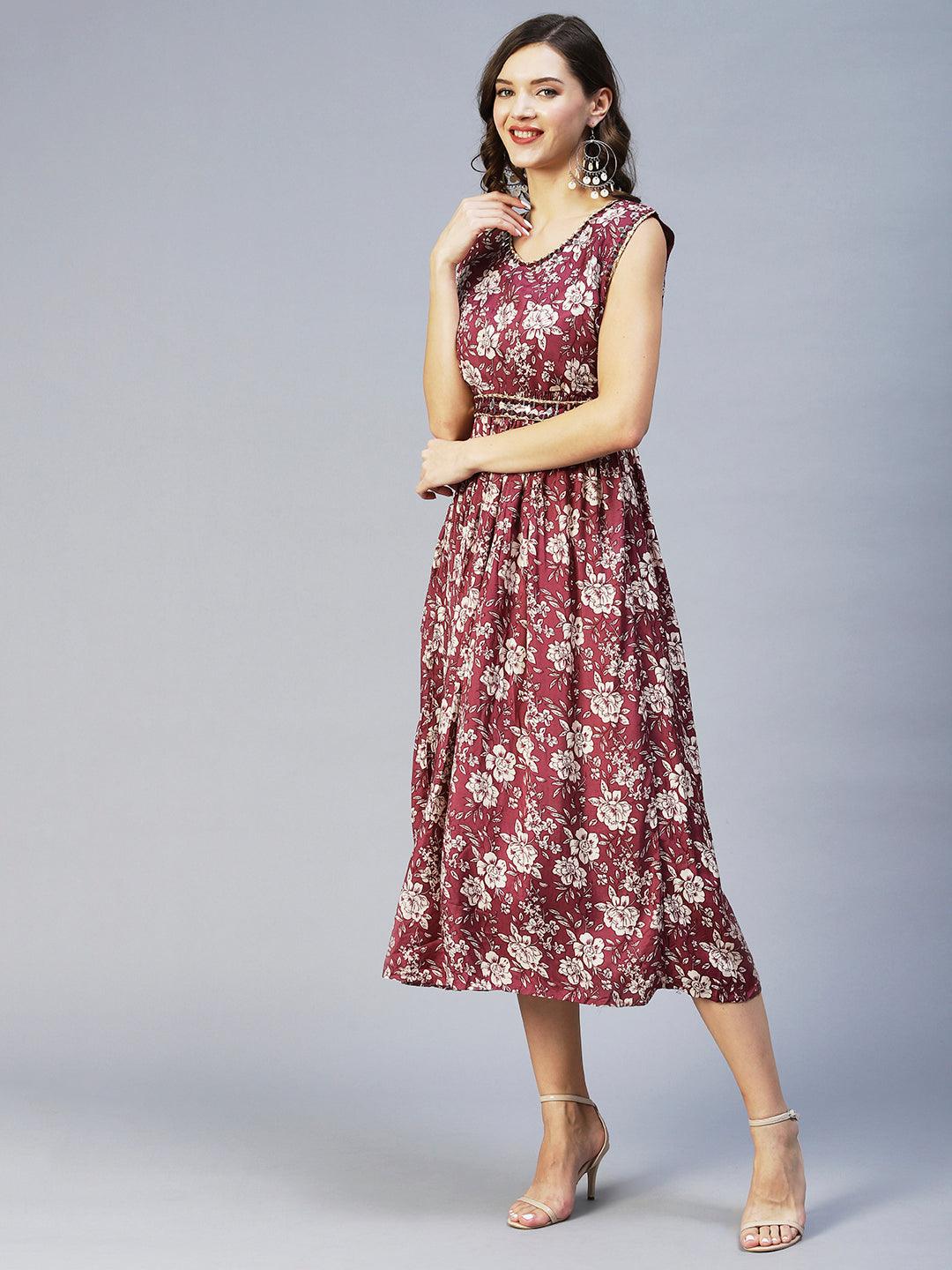 Floral Printed & Embroidered Flared Midi Dress - Mauve - Indiakreations