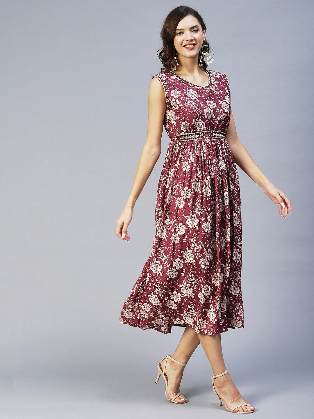 Floral Printed & Embroidered Flared Midi Dress - Mauve - Indiakreations