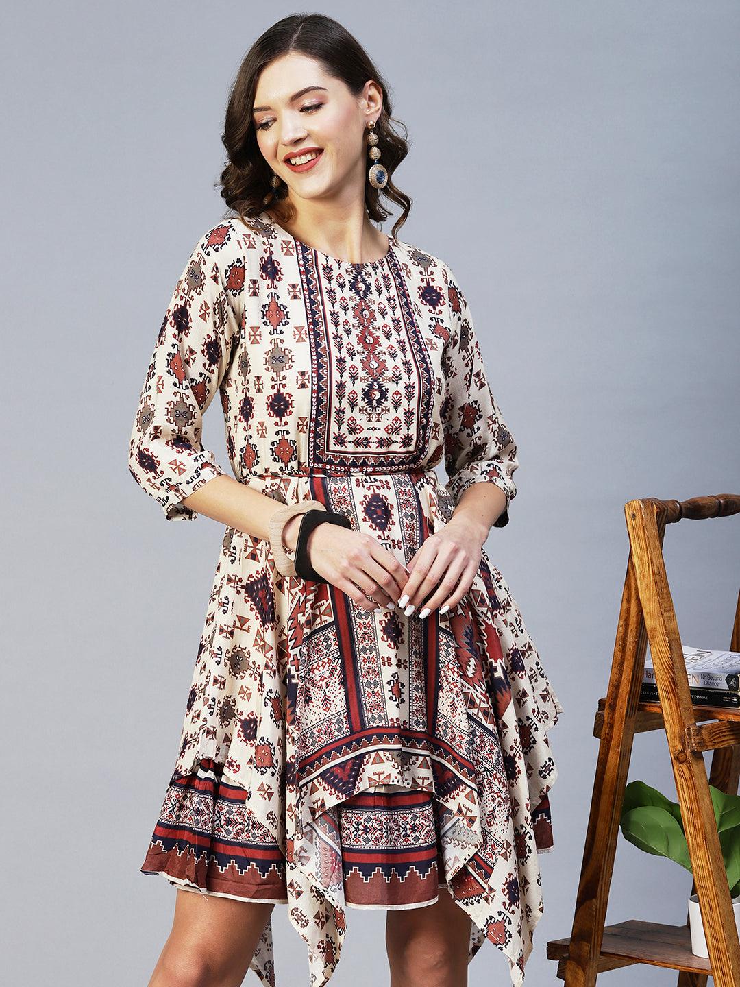 Tribal Printed & Hand Embroidered Flared Midi Dress - Cream - Indiakreations