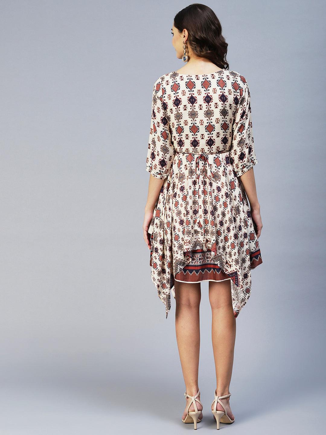 Tribal Printed & Hand Embroidered Flared Midi Dress - Cream - Indiakreations