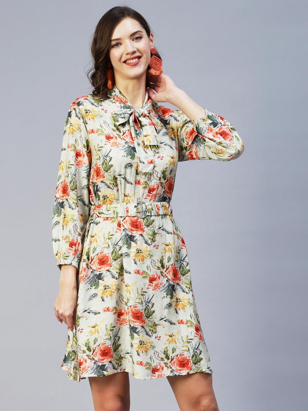 Floral Printed A-Line Flared Midi Dress with Belt - Pastel Green - Indiakreations