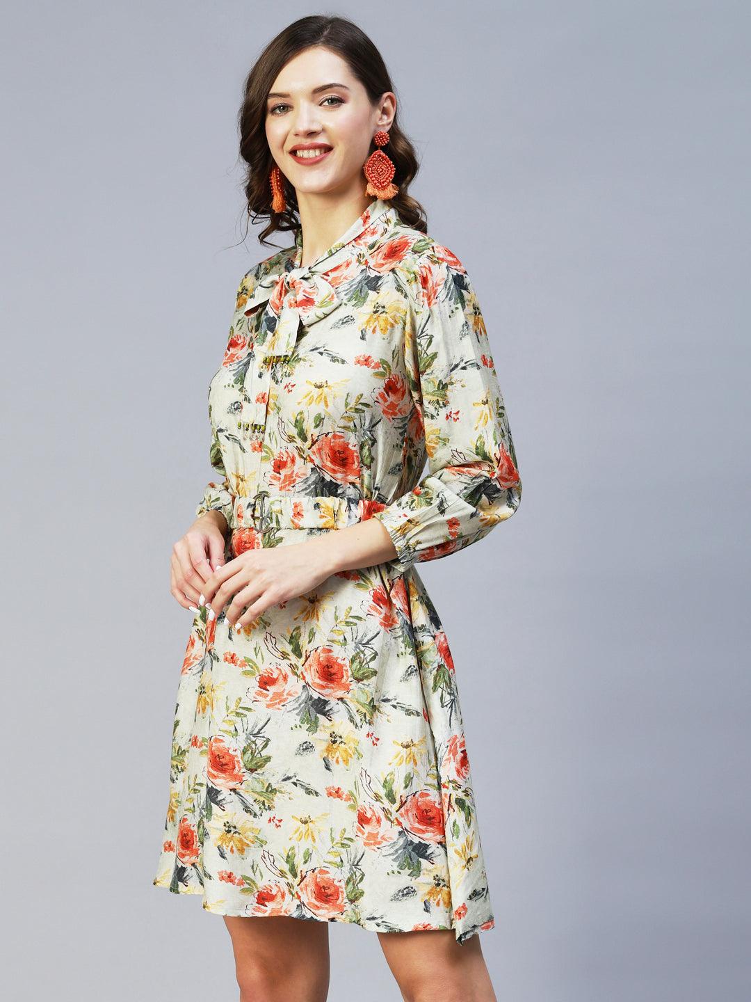 Floral Printed A-Line Flared Midi Dress with Belt - Pastel Green - Indiakreations