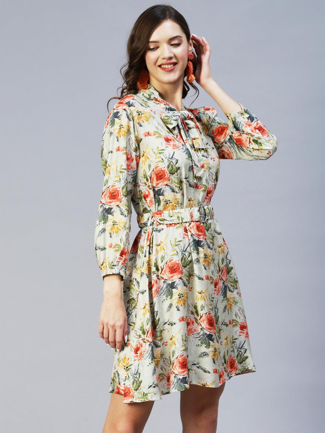 Floral Printed A-Line Flared Midi Dress with Belt - Pastel Green - Indiakreations