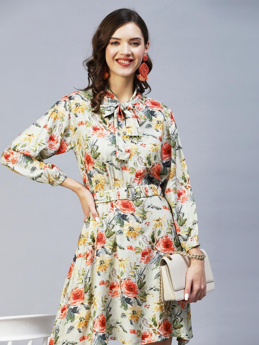 Floral Printed A-Line Flared Midi Dress with Belt - Pastel Green - Indiakreations