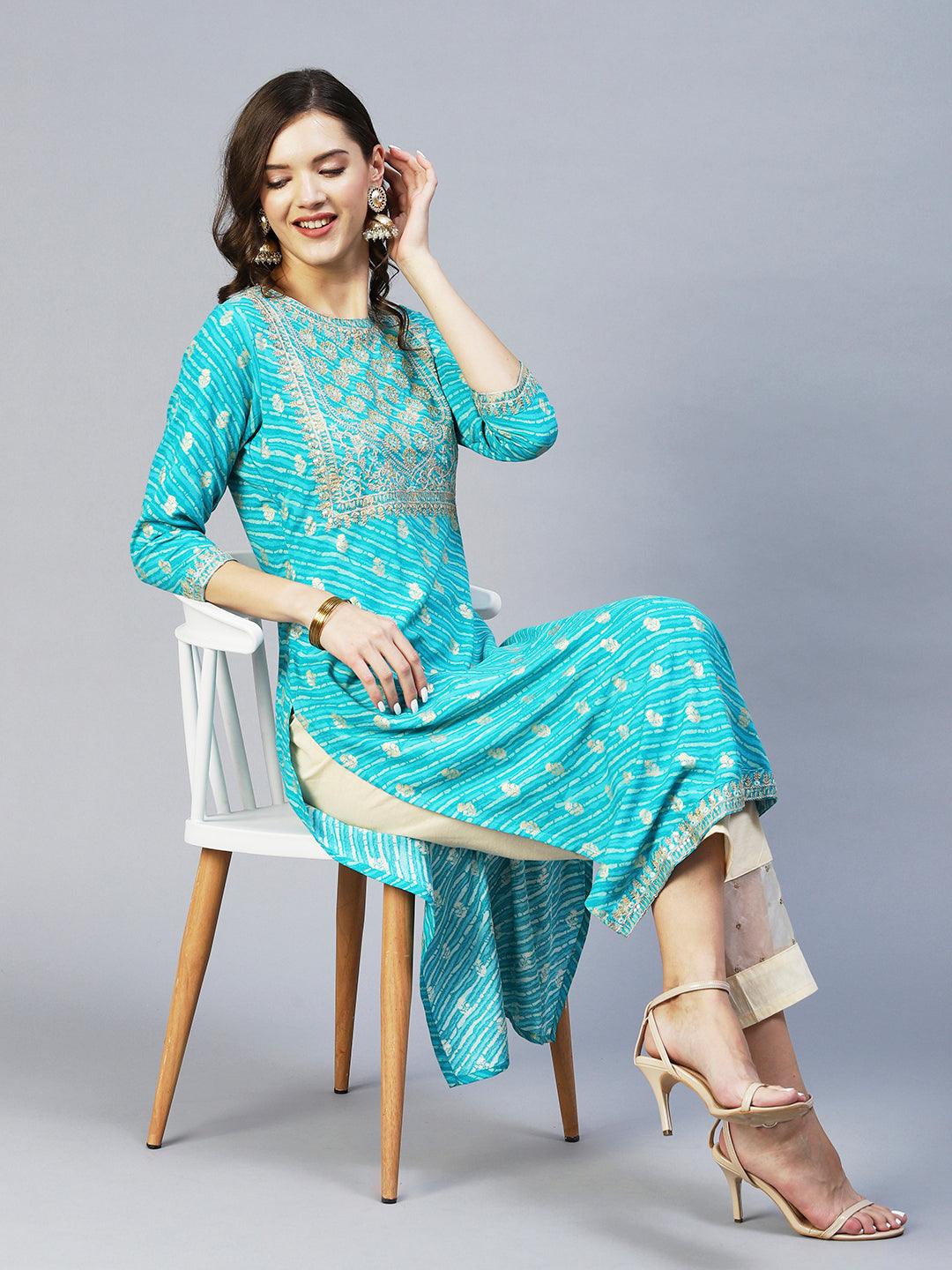 Leheriya Printed & Embroidered Straight Fit Kurta - Turquoise - Indiakreations