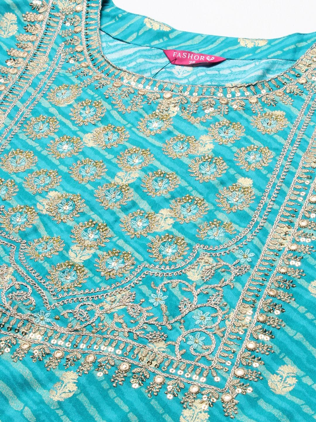 Leheriya Printed & Embroidered Straight Fit Kurta - Turquoise - Indiakreations