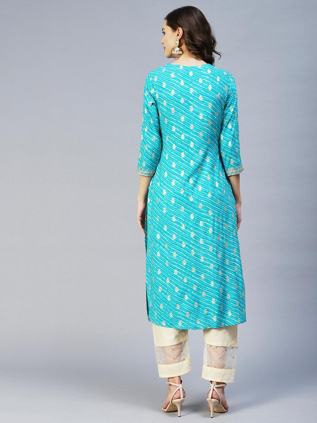 Leheriya Printed & Embroidered Straight Fit Kurta - Turquoise - Indiakreations