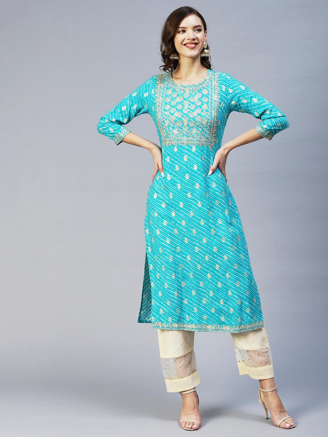 Leheriya Printed & Embroidered Straight Fit Kurta - Turquoise - Indiakreations