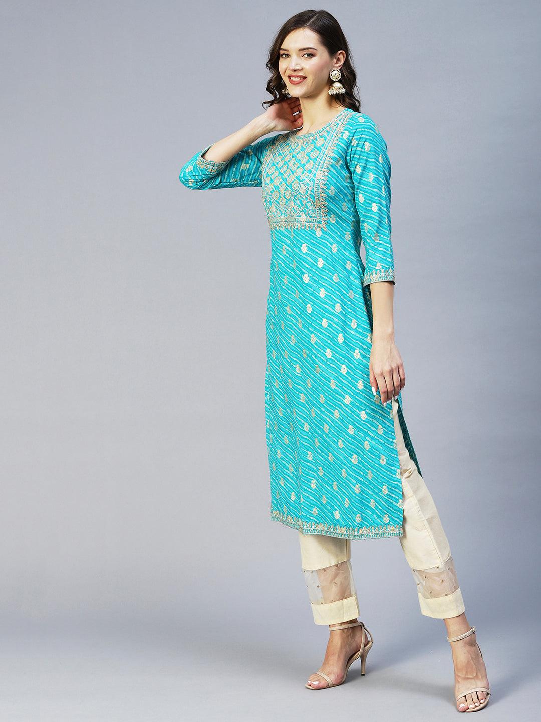 Leheriya Printed & Embroidered Straight Fit Kurta - Turquoise - Indiakreations