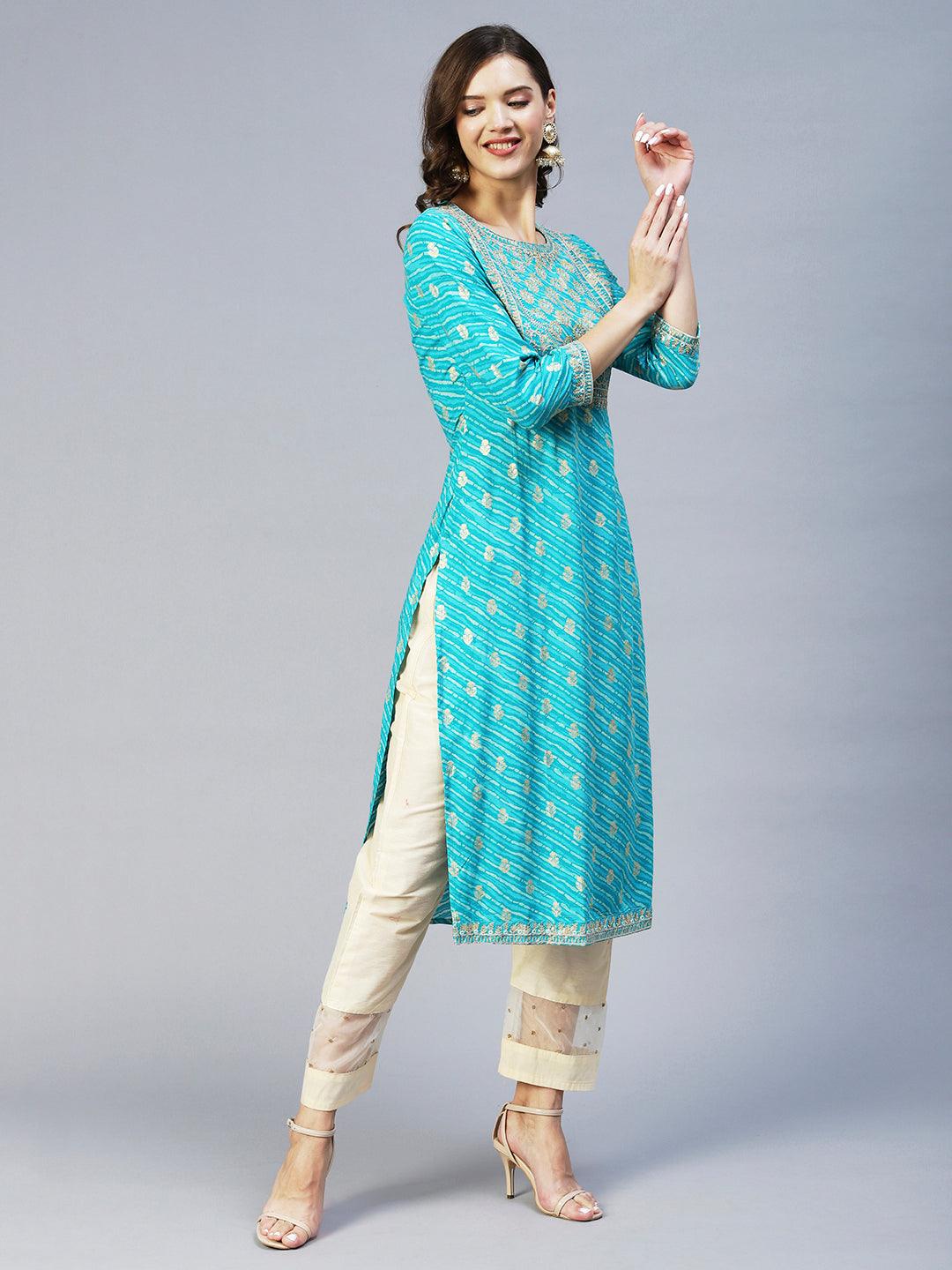 Leheriya Printed & Embroidered Straight Fit Kurta - Turquoise - Indiakreations