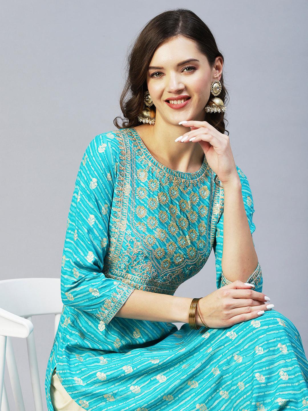 Leheriya Printed & Embroidered Straight Fit Kurta - Turquoise - Indiakreations