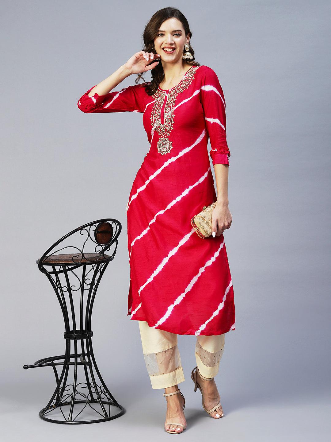 Leheriya Printed & Hand Embroidered Straight Fit Kurta - Rani Pink - Indiakreations