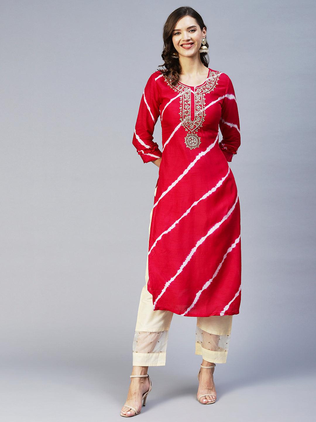 Leheriya Printed & Hand Embroidered Straight Fit Kurta - Rani Pink - Indiakreations