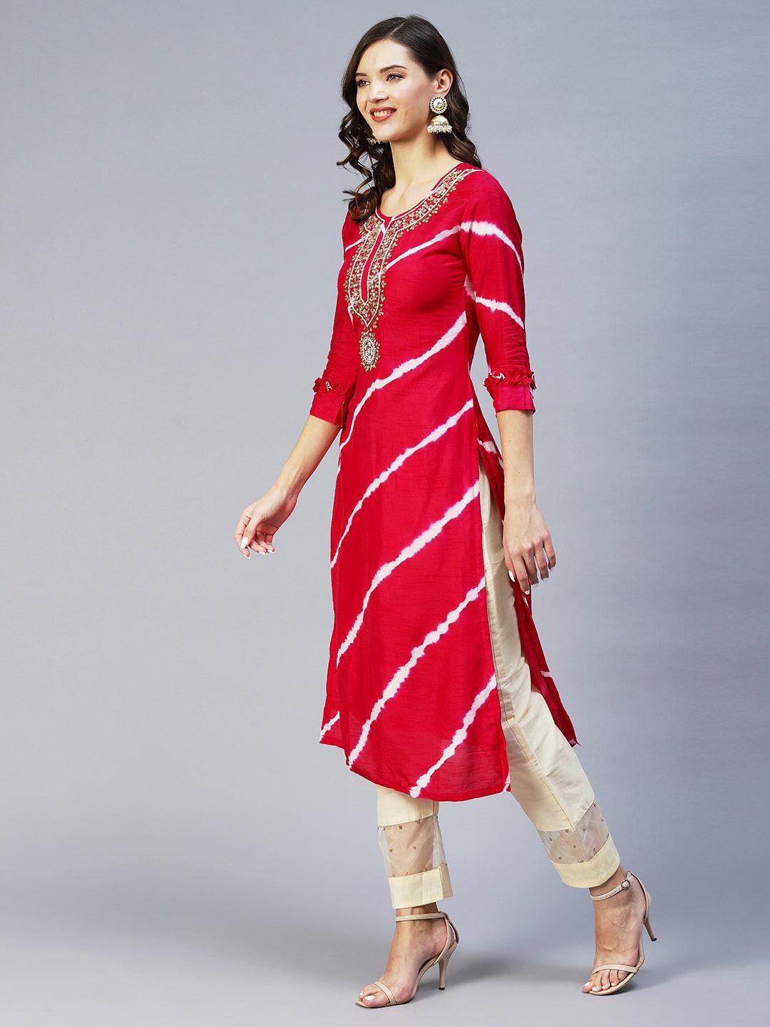 Leheriya Printed & Hand Embroidered Straight Fit Kurta - Rani Pink - Indiakreations