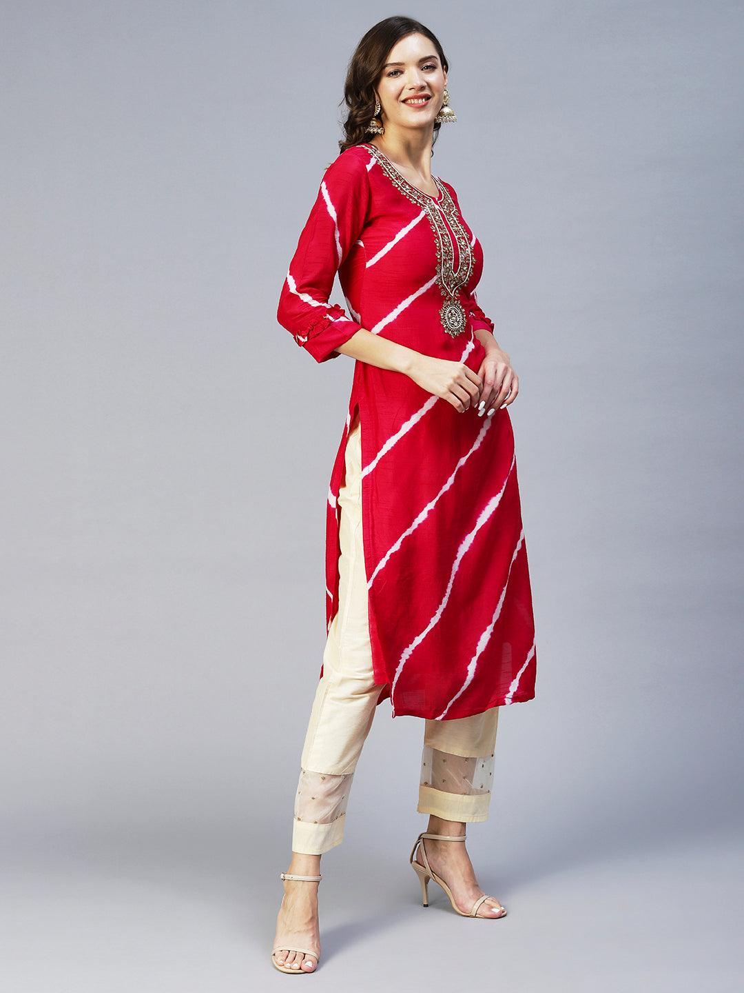 Leheriya Printed & Hand Embroidered Straight Fit Kurta - Rani Pink - Indiakreations