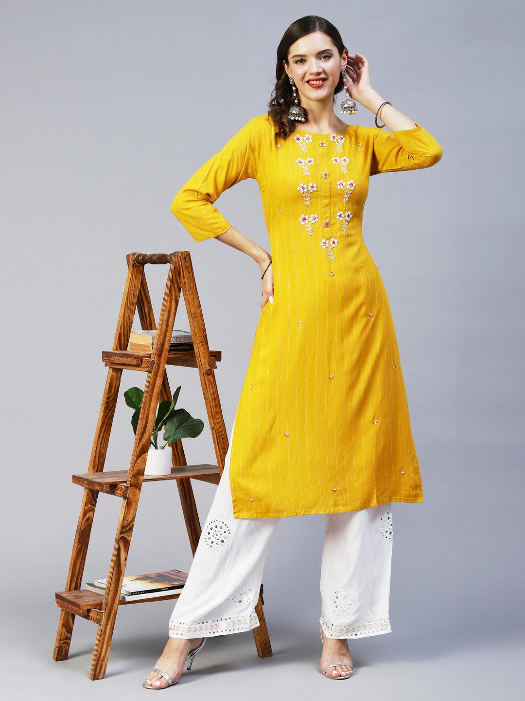 Woven Stripes & Hand Embroidered Straight Fit Kurta – Yellow - Indiakreations