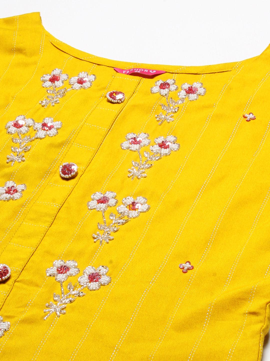 Woven Stripes & Hand Embroidered Straight Fit Kurta – Yellow - Indiakreations